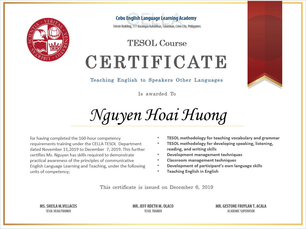 CELLA TESOL Certificate